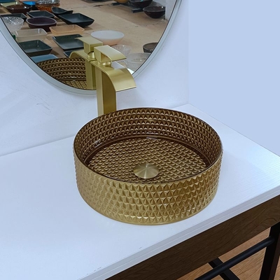 गोल गोल्ड ग्लास वेसल सिंक डायमंड टेबल टॉप बाउल वॉश बेसिन क्रिस्टल बाथरूम