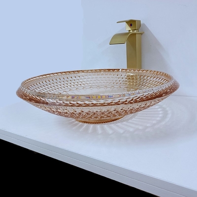 राउंड वॉश बेसिन बाउल क्रिस्टल ग्लास एम्बर कलर बाथरूम L450 * W450 * H120mm